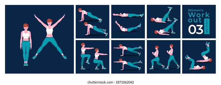 Women Workout Set. Women doing fitness and yoga exercises. Lunges, Pushups, Squats, Dumbbell rows, Burpees, Side planks, Situps, Glute bridge, Leg Raise, Russian Twist, Side Crunch .etc