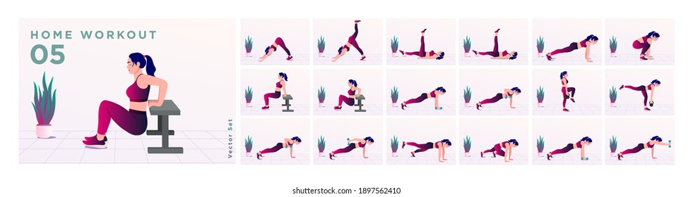 Women Workout Set. Women doing fitness and yoga exercises. Lunges, Pushups, Squats, Dumbbell rows, Burpees, Side planks, Situ ps, Glute bridge, Leg Raise, Russian Twist, Side Crunch .etc