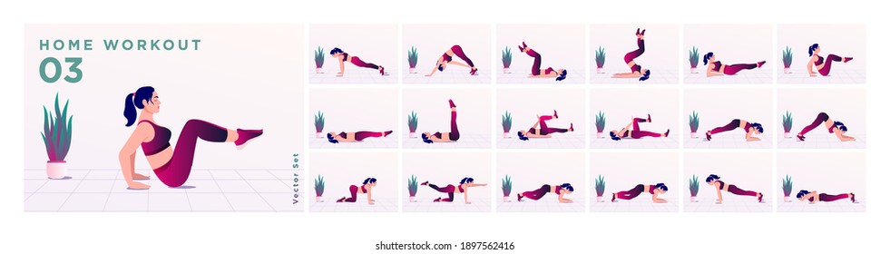 Women Workout Set. Women doing fitness and yoga exercises. Lunges, Pushups, Squats, Dumbbell rows, Burpees, Side planks, Situ ps, Glute bridge, Leg Raise, Russian Twist, Side Crunch .etc