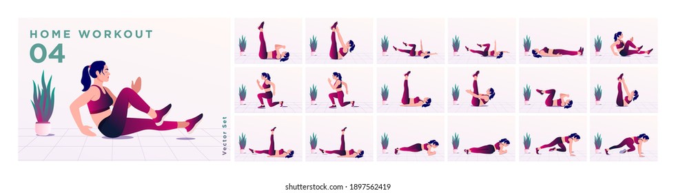 Women Workout Set. Women doing fitness and yoga exercises. Lunges, Pushups, Squats, Dumbbell rows, Burpees, Side planks, Situ ps, Glute bridge, Leg Raise, Russian Twist, Side Crunch .etc