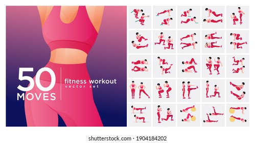 Women Workout Set. Women doing fitness and yoga exercises. Lunges, Pushups, Squats, Dumbbell rows, Burpees, Side planks, Situ ps, Glute bridge, Leg Raise, Russian Twist, Side Crunch .etc