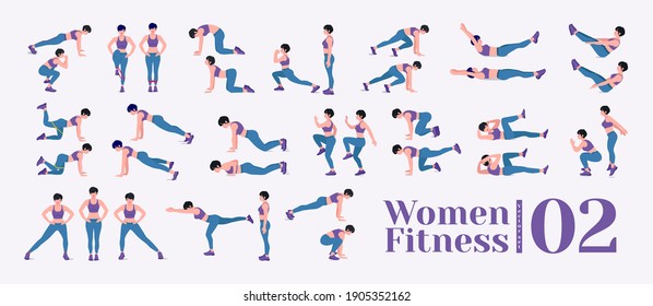 Women Workout Set. Women doing fitness and yoga exercises. Lunges, Pushups, Squats, Dumbbell rows, Burpees, Side planks, Situ ps, Glute bridge, Leg Raise, Russian Twist, Side Crunch .etc