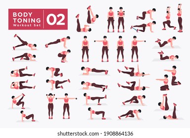 Women Workout Set. Women doing fitness and yoga exercises. Lunges, Pushups, Squats, Dumbbell rows, Burpees, Side planks, Situ ps, Glute bridge, Leg Raise, Russian Twist, Side Crunch .etc