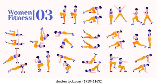 Women Workout Set. Women doing fitness and yoga exercises. 