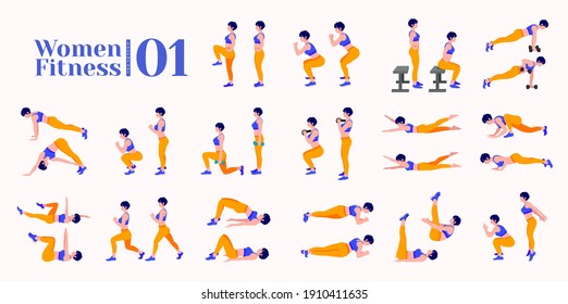 Women Workout Set. Women doing fitness and yoga exercises. 