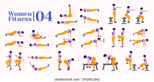 Women Workout Set. Women doing fitness and yoga exercises. 