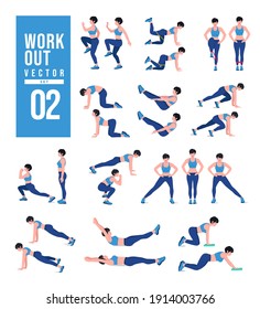 Women Workout Set. Women doing fitness and yoga exercises. 