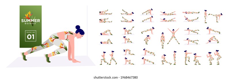 Women Workout Set. Women doing fitness and yoga exercises. Lunges, Pushups, Squats, Dumbbell rows, Burpees, Side planks, Situ ps, Glute bridge, Leg Raise, Russian Twist, Side Crunch .etc