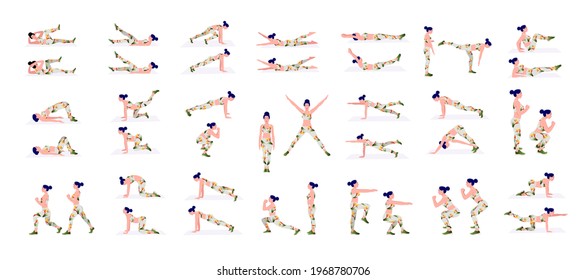 Women Workout Set. Women Doing Fitness And Yoga Exercises. Lunges, Pushups, Squats, Dumbbell Rows, Burpees, Side Planks, Situ Ps, Glute Bridge, Leg Raise, Russian Twist, Side Crunch .etc