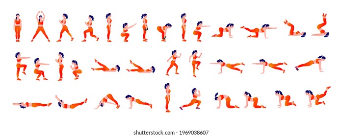 Women Workout Set. Women doing fitness and yoga exercises. Lunges, Pushups, Squats, Dumbbell rows, Burpees, Side planks, Situ ps, Glute bridge, Leg Raise, Russian Twist, Side Crunch .etc