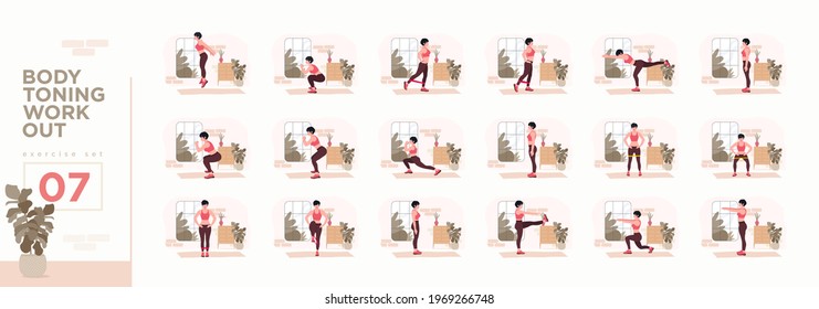 Women Workout Set. Women doing fitness and yoga exercises. Lunges, Pushups, Squats, Dumbbell rows, Burpees, Side planks, Situ ps, Glute bridge, Leg Raise, Russian Twist, Side Crunch .etc