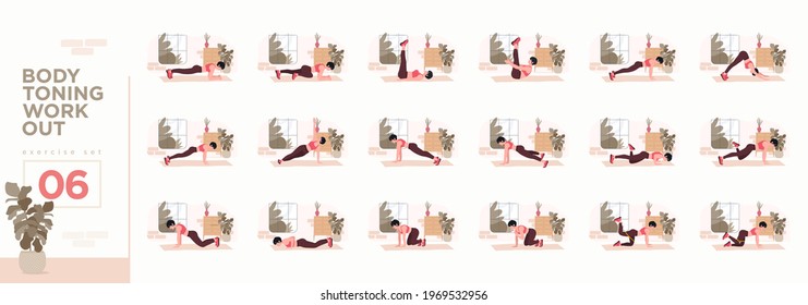 Women Workout Set. Women doing fitness and yoga exercises. Lunges, Pushups, Squats, Dumbbell rows, Burpees, Side planks, Situ ps, Glute bridge, Leg Raise, Russian Twist, Side Crunch .etc