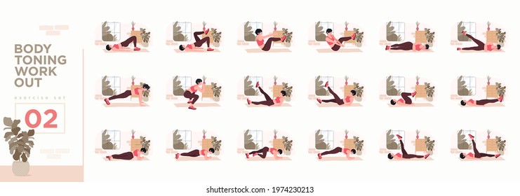 Women Workout Set. Women doing fitness and yoga exercises. Lunges, Pushups, Squats, Dumbbell rows, Burpees, Side planks, Situ ps, Glute bridge, Leg Raise, Russian Twist, Side Crunch .etc