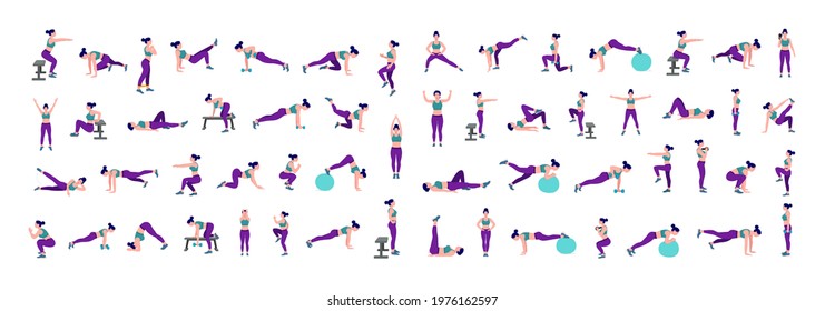 Women Workout Set. Women doing fitness and yoga exercises. Lunges, Pushups, Squats, Dumbbell rows, Burpees, Side planks, Situ ps, Glute bridge, Leg Raise, Russian Twist, Side Crunch .etc