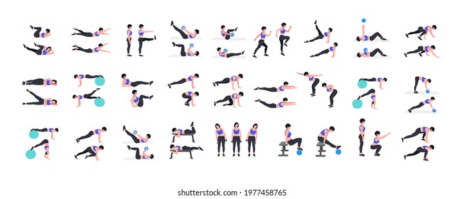 Women Workout Set. Women doing fitness and yoga exercises. Lunges, Pushups, Squats, Dumbbell rows, Burpees, Side planks, Situ ps, Glute bridge, Leg Raise, Russian Twist, Side Crunch .etc