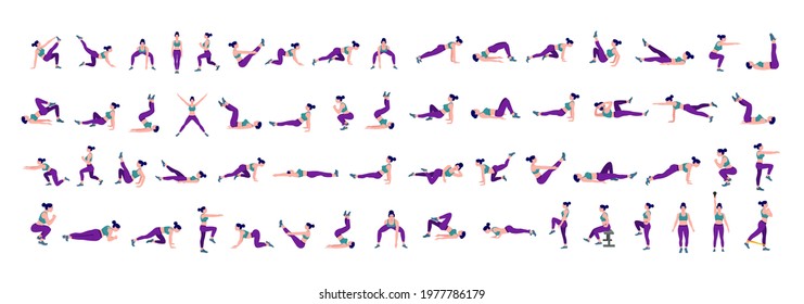 Women Workout Set. Women doing fitness and yoga exercises. Lunges, Pushups, Squats, Dumbbell rows, Burpees, Side planks, Situ ps, Glute bridge, Leg Raise, Russian Twist, Side Crunch .etc