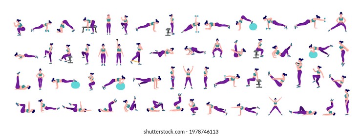 Women Workout Set. Women doing fitness and yoga exercises. Lunges, Pushups, Squats, Dumbbell rows, Burpees, Side planks, Situ ps, Glute bridge, Leg Raise, Russian Twist, Side Crunch .etc