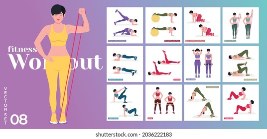 Women Workout Set. Women doing fitness and yoga exercises. 