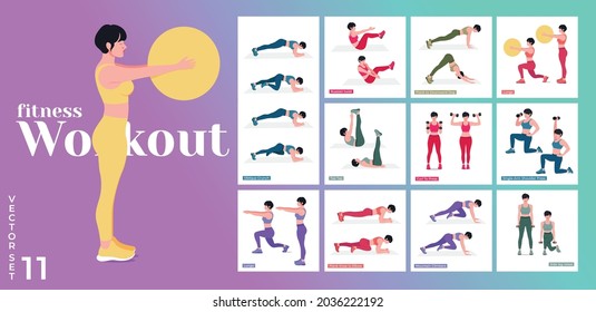 Women Workout Set. Women doing fitness and yoga exercises. 