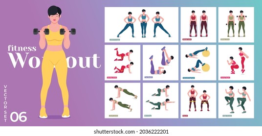 Women Workout Set. Women doing fitness and yoga exercises. 