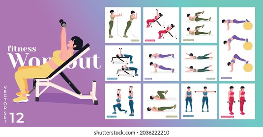 Women Workout Set. Women doing fitness and yoga exercises. 