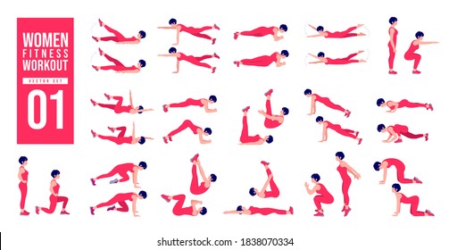 	
Women Workout Set. women exercise vector set. Women doing fitness and yoga exercises. Lunges, Pushups, Squats, Dumbbell rows, Burpees, Side planks, Glute bridge, Leg Raise, Russian Twist .etc