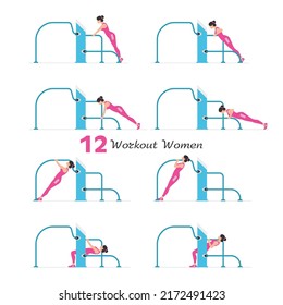Women workout set. Women Fitness Aerobic and Exercises. Women doing fitness and yoga exercises. Flat style