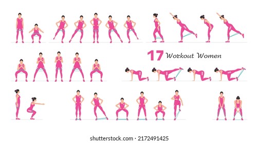 Women workout set. Women Fitness Aerobic and Exercises. Women doing fitness and yoga exercises. Flat style