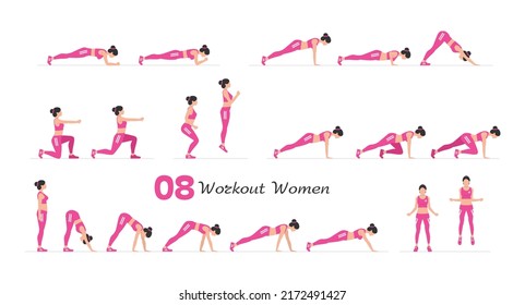 Women workout set. Women Fitness Aerobic and Exercises. Women doing fitness and yoga exercises. Flat style