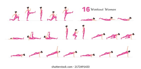 Women workout set. Women Fitness Aerobic and Exercises. Women doing fitness and yoga exercises. Flat style