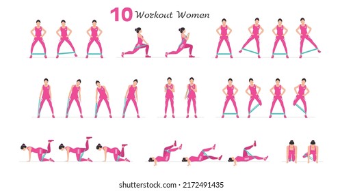 Women workout set. Women Fitness Aerobic and Exercises. Women doing fitness and yoga exercises. Flat style