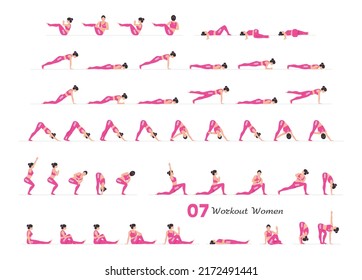 Women workout set. Women Fitness Aerobic and Exercises. Women doing fitness and yoga exercises. Flat style