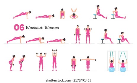 Women workout set. Women Fitness Aerobic and Exercises. Women doing fitness and yoga exercises. Flat style