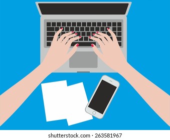 women in the workplace. Hands desks laptop screen vector illustration of business people Top View angle above the office