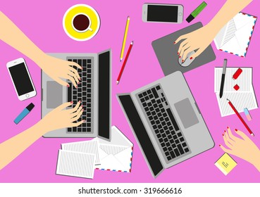 Women in the workplace. Top view of female hands, desk, laptop screen, stock vector illustration.