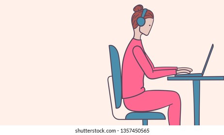 Women works at the computer in headphones colored vector illustration