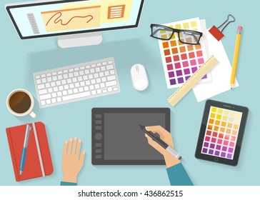 Women workspace colored composition work for your tablet and stationery top view vector illustration