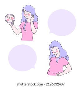 Women are worried about their chubby figure and acne and wrinkles on their faces. Vector flat illustration character design