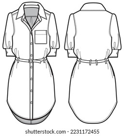 Diseño de ropa de camisa trenzada para mujeres con dibujo plano de bolsillo ilustración de moda con vista frontal y trasera. Plantilla vectorial de dibujo de vestimenta de tres cuartos de manga curvada