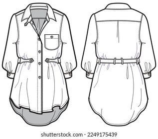 Diseño de ropa de camisa trenzada para mujeres con dibujo plano de bolsillo ilustración de moda con vista frontal y trasera. manga de bispo largo coronado curvado de la camisa dibujo vectorial plantilla