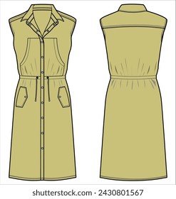 Women woven shirt dress design with pocket flat sketch fashion illustration with front and back view. belted long sleeve  Utility cargo denim shirt dress drawing vector template