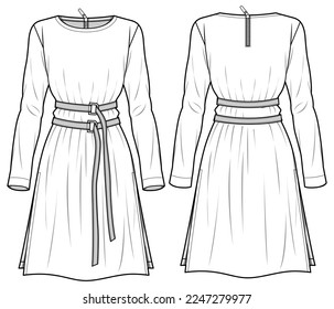 Women woven tunic shift dress design with flat sketch fashion illustration front and back view. Long sleeve belted dress drawing vector template