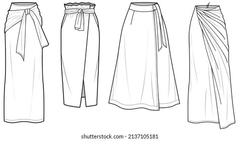 Women Wrap Long skirt, Sarong Long Skirt, Wrap Around Maxi Set of Skirt, Paper Bag Waist Wrap Skirt Fashion Illustration, Vector, CAD, Technical Drawing, Flat Drawing.