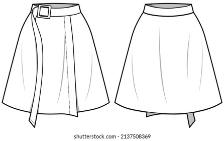 Women Wrap Short Skirt with Belt, Wrap Around Mini Skirt, Wrap School skirt Front and Back View. fashion illustration vector, CAD, technical drawing, flat drawing.