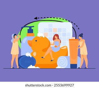 Women wrapped in towels using sponge and soap among bath accessories, tubes and shampoo bottles. Vector illustration for bathroom, spa, routine, hygiene concept