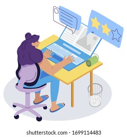Women write feedback at home. Remote work. Content manager. Female rating order.