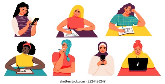 Women writing a text in different ways. Laptop, smartphone,  notepad with a pen. To-do list.  Girsl studying and sitting at table.