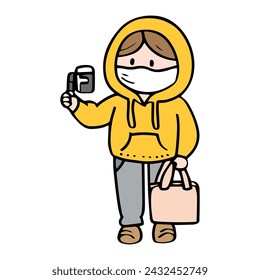 A women in a yellow hoodie and mask taing vlog selfie. COVID-19, promoting safety. new normal lifestyle.