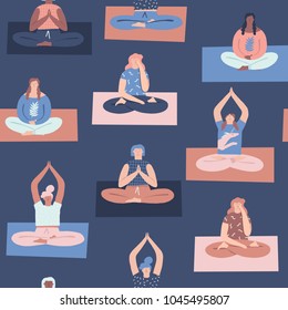 Women yoga class with interracial people doing breathing exercises seamless pattern in vector