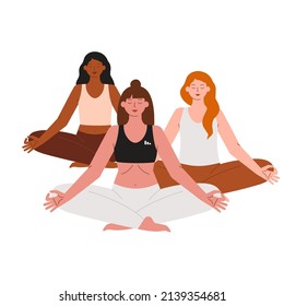 Women yoga class,meditating in lotus pose,group training,females practice breath exercises sitting in asana.Flat cartoon hand-drawn character.Harmony of body and soul concept.Isolated.Vector